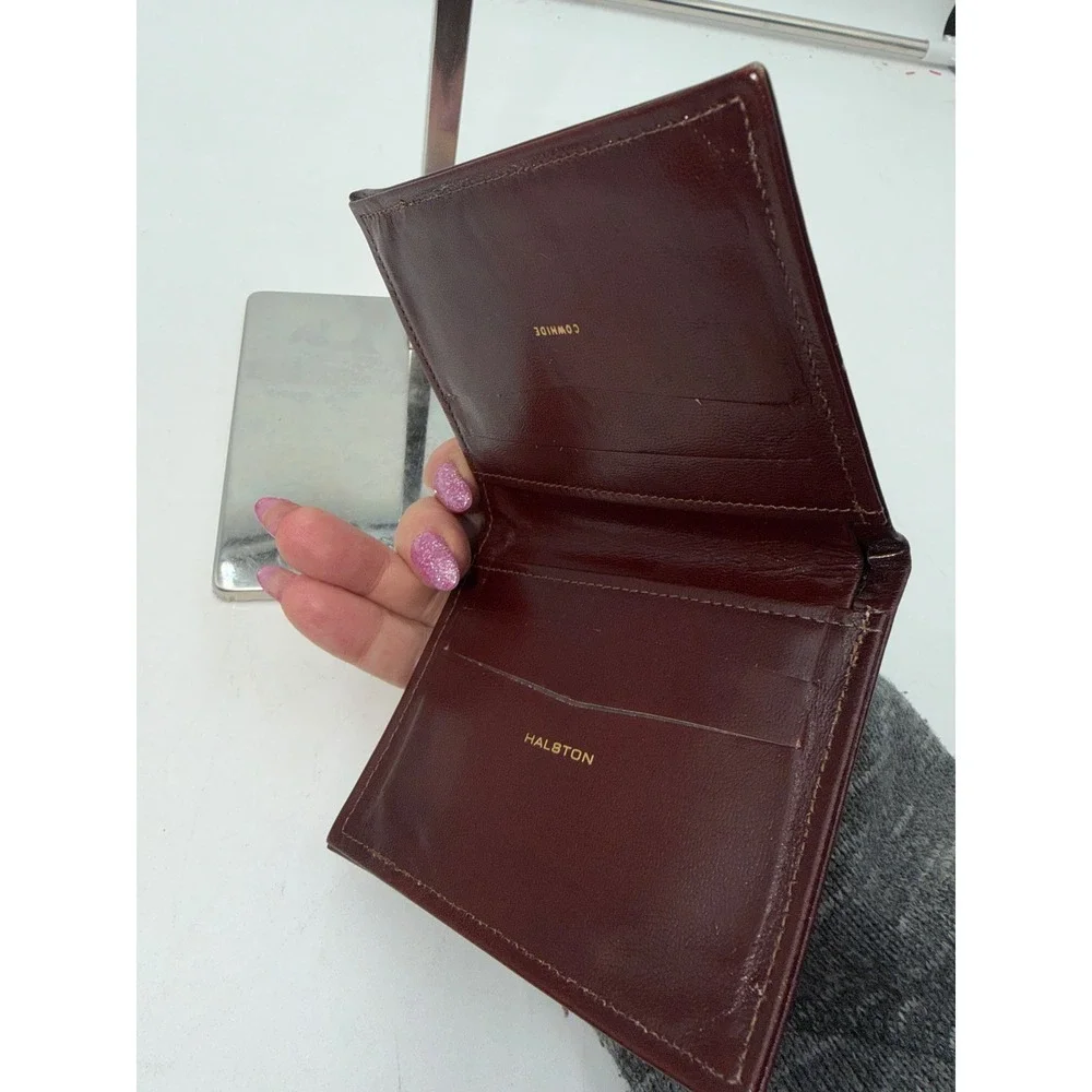 Halston Mens Burgundy Cowhide Leather Bifold Wallet Slim Card Case